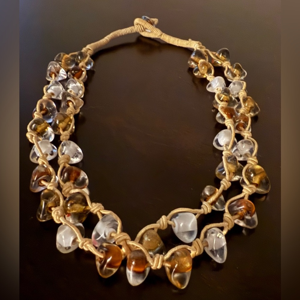 Antique Baroque Glass Beaded Multi-Strand Necklace Amber Clear Statement Jewelry - Picture 2 of 8